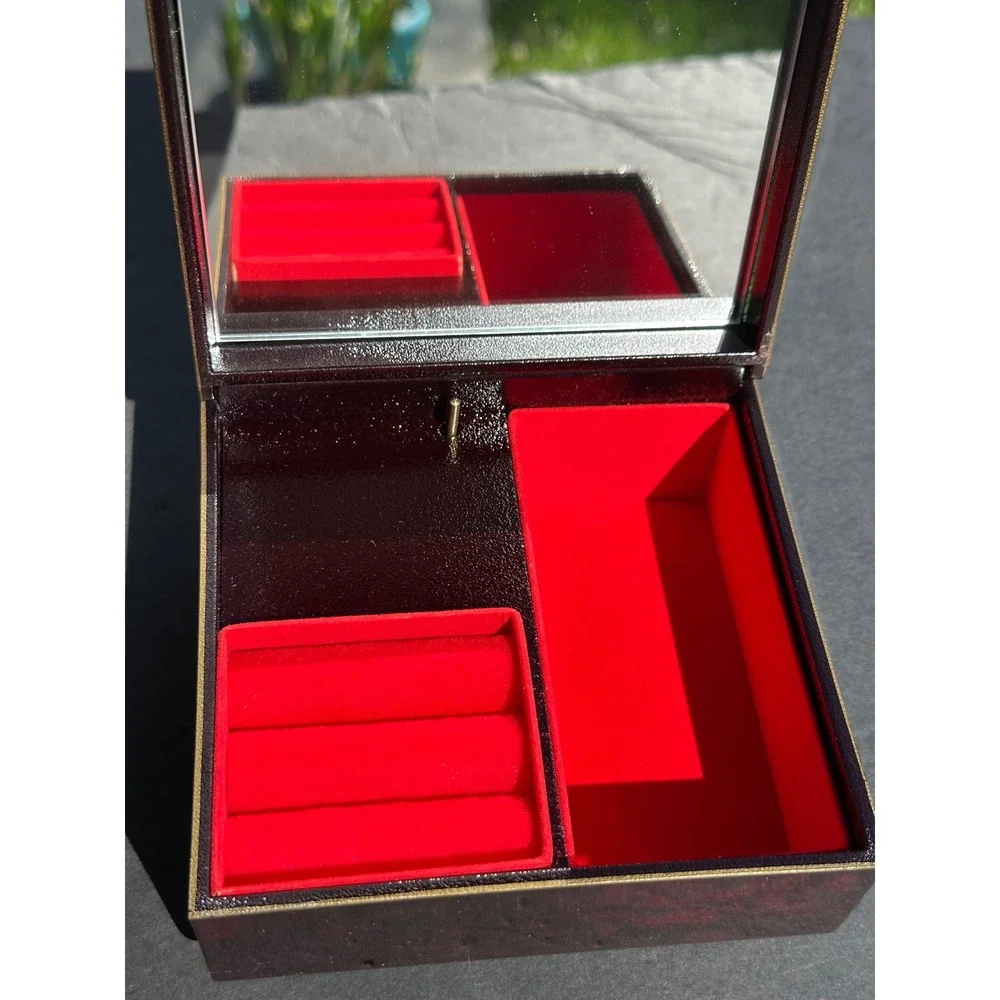 Vintage Japanese Music Jewelry Box Mt Fuji Chokin Art Red Velvet Mirror J-233